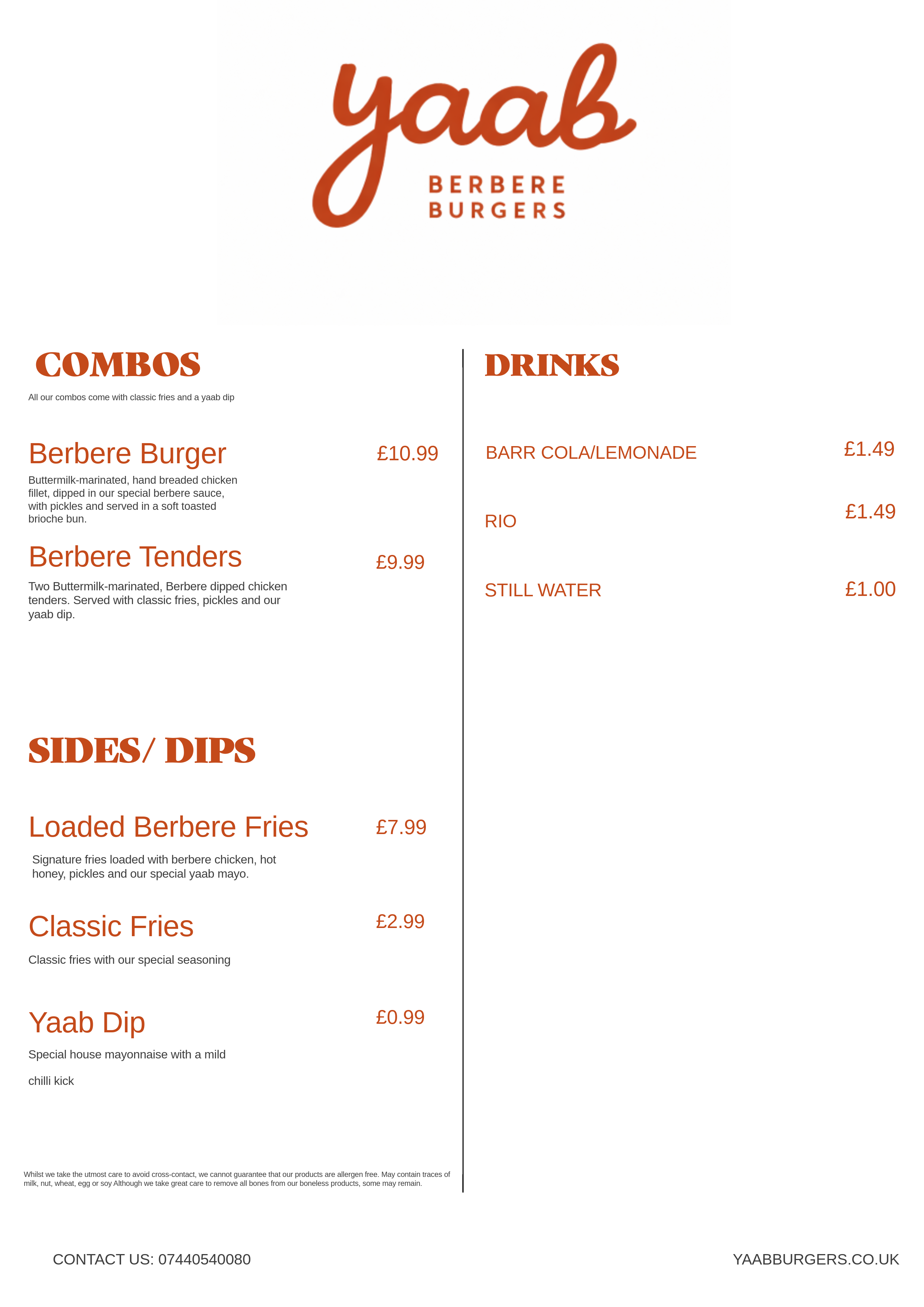 YAAB Burgers Menu